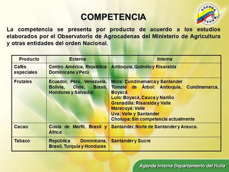 COMPETENCIA La competencia se presenta por producto de acuerdo a los estudios elaborados por el Observatorio de Agrocadenas del Ministerio de Agricultura.