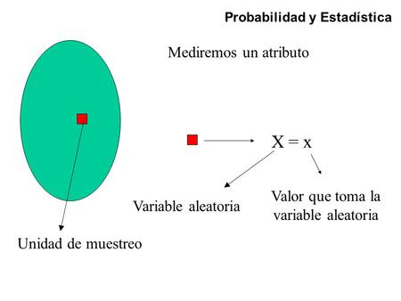 Probabilidad y Estadística X = x Unidad de muestreo Mediremos un atributo Variable aleatoria Valor que toma la variable aleatoria.