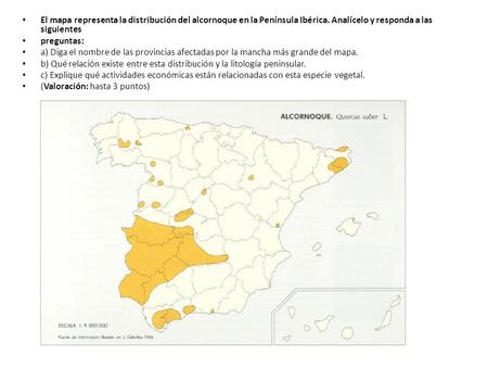 El mapa representa la distribución del alcornoque en la Península Ibérica. Analícelo y responda a las siguientes preguntas: a) Diga el nombre de las provincias.