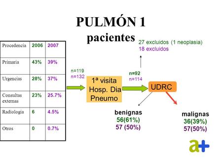 1ª visita Hosp. Dia Pneumo PULMÓN 1 pacientes UDRC benignas 56(61%) 57 (50%) malignas 36(39%) 57(50%) n=119 n=132 n=92 n=114 27 excluidos (1 neoplasia)
