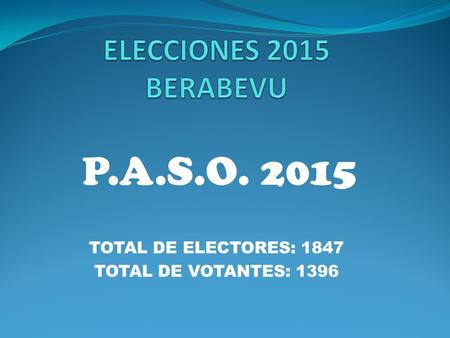 TOTAL DE ELECTORES: 1847 TOTAL DE VOTANTES: 1396 P.A.S.O. 2015.