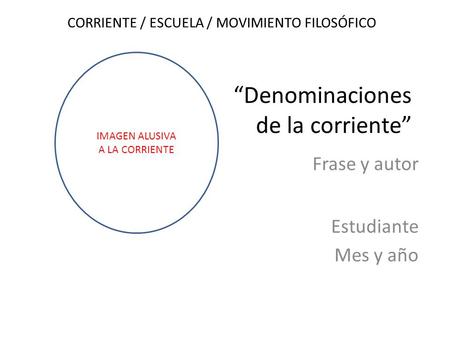 “Denominaciones de la corriente” Estudiante Mes y año IMAGEN ALUSIVA A LA CORRIENTE Frase y autor CORRIENTE / ESCUELA / MOVIMIENTO FILOSÓFICO.