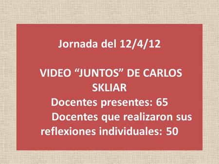 Jornada del 12/4/12 VIDEO “JUNTOS” DE CARLOS SKLIAR Docentes presentes: 65 Docentes que realizaron sus reflexiones individuales:
