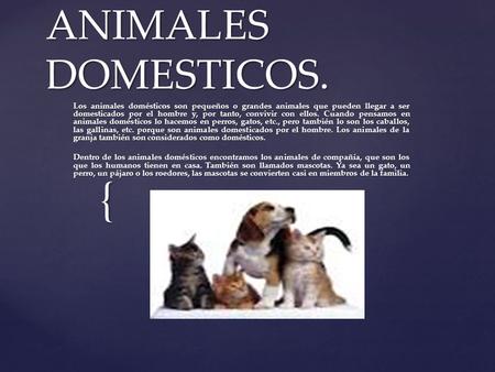 ANIMALES DOMESTICOS. Los animales domésticos son pequeños o grandes animales que pueden llegar a ser domesticados por el hombre y, por tanto, convivir.
