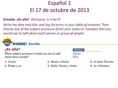 Entrada: ¿Es ella? (Entrance: Is it her?) Write the date and title, and log the entry in your table of contents. Then choose one of the subject pronouns.