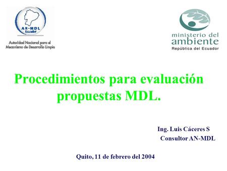 Procedimientos para evaluación propuestas MDL. Ing. Luis Cáceres S Consultor AN-MDL Quito, 11 de febrero del 2004.