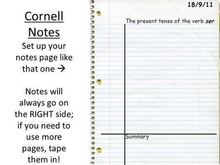 Cornell Notes Set up your notes page like that one  Notes will always go on the RIGHT side; if you need to use more pages, tape them in! The present tense.