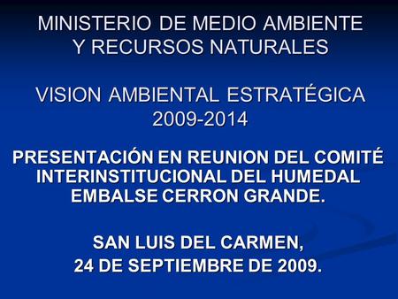 MINISTERIO DE MEDIO AMBIENTE Y RECURSOS NATURALES VISION AMBIENTAL ESTRATÉGICA 2009-2014 PRESENTACIÓN EN REUNION DEL COMITÉ INTERINSTITUCIONAL DEL HUMEDAL.