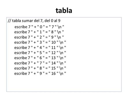 tabla // tabla sumar del 7, del 0 al 9