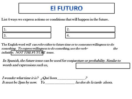 List 4 ways we express actions or conditions that will happen in the future. 4. 2.1. 3. The English word will can refer either to future time or to someones.