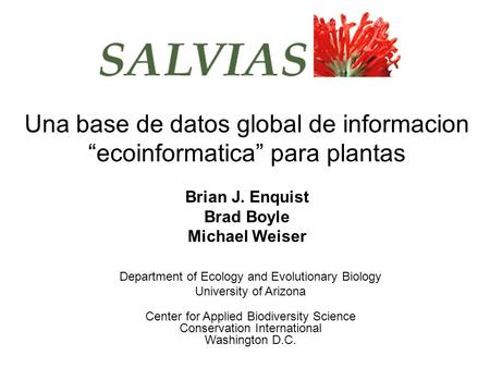 Brian J. Enquist Brad Boyle Michael Weiser Una base de datos global de informacion ecoinformatica para plantas Department of Ecology and Evolutionary Biology.