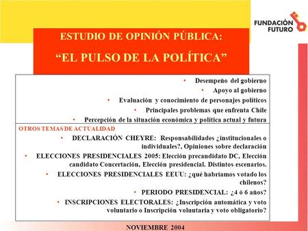 ESTUDIO DE OPINIÓN PÚBLICA: EL PULSO DE LA POLÍTICA NOVIEMBRE 2004 Desempeño del gobierno Apoyo al gobierno Evaluación y conocimiento de personajes políticos.
