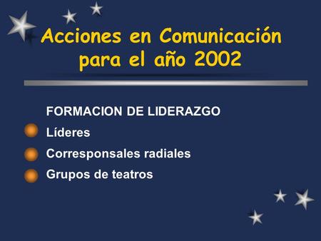 Acciones en Comunicación para el año 2002 FORMACION DE LIDERAZGO Líderes Corresponsales radiales Grupos de teatros.