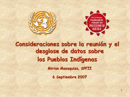Consideraciones sobre la reunión y el desglose de datos sobre los Pueblos Indígenas Mirian Masaquiza, SPFII 6 Septiembre 2007 1.