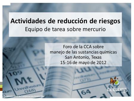 Actividades de reducción de riesgos Equipo de tarea sobre mercurio Foro de la CCA sobre manejo de las sustancias químicas San Antonio, Texas 15-16 de mayo.