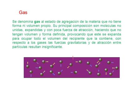 Gas Se denomina gas al estado de agregación de la materia que no tiene forma ni volumen propio. Su principal composición son moléculas no unidas, expandidas.