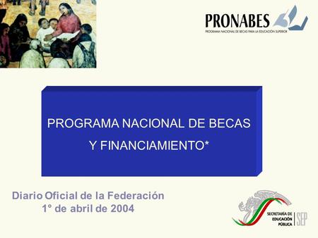 PROGRAMA NACIONAL DE BECAS Y FINANCIAMIENTO* Diario Oficial de la Federación 1° de abril de 2004.