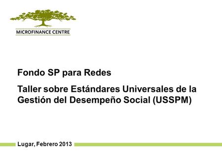 Lugar, Febrero 2013 Fondo SP para Redes Taller sobre Estándares Universales de la Gestión del Desempeño Social (USSPM)
