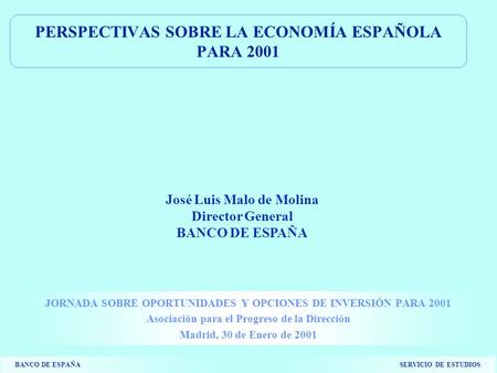 BANCO DE ESPAÑASERVICIO DE ESTUDIOS PERSPECTIVAS SOBRE LA ECONOMÍA ESPAÑOLA PARA 2001 JORNADA SOBRE OPORTUNIDADES Y OPCIONES DE INVERSIÓN PARA 2001 Asociación.
