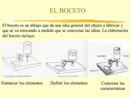 EL BOCETO El boceto es un dibujo que da una idea general del objeto a fabricar y que se va retocando a medida que se concretan las ideas. La elaboración.