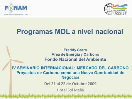 IV SEMINARIO INTERNACIONAL: MERCADO DEL CARBONO Proyectos de Carbono como una Nueva Oportunidad de Negocios Del 21 al 22 de Octubre 2009 Hotel Sol Meliá