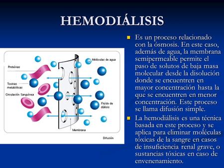 HEMODIÁLISIS Es un proceso relacionado con la ósmosis. En este caso, además de agua, la membrana semipermeable permite el paso de solutos de baja masa.