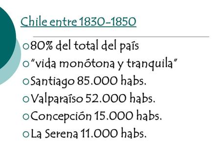 Chile entre 1830-1850 80% del total del país 80% del total del país vida monótona y tranquila vida monótona y tranquila Santiago 85.000 habs. Santiago.