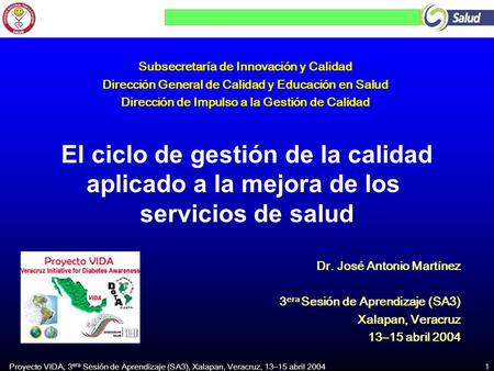 Proyecto VIDA, 3 era Sesión de Aprendizaje (SA3), Xalapan, Veracruz, 13–15 abril 2004 1 El ciclo de gestión de la calidad aplicado a la mejora de los servicios.