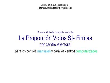 Breve análisis del comportamiento de La Proporción Votos SI- Firmas por centro electoral para los centros manuales y para los centros computarizados El.
