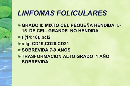 LINFOMAS FOLICULARES GRADO II: MIXTO CEL PEQUEÑA HENDIDA, 5-15 DE CEL. GRANDE NO HENDIDA t (14:18), bcl2 s Ig, CD19,CD20,CD21 SOBREVIDA 7-9 AÑOS TRASFORMACION.