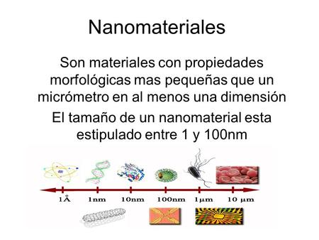 El tamaño de un nanomaterial esta estipulado entre 1 y 100nm