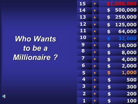 Who Wants to be a Millionaire ? $ 100 $ 200 $ 300 $ 500 $ 2,000 $ 1,000 $ 4,000 $ 8,000 $ 16,000 $ 32,000 $ 64,000 $ 125,000 $ 250,000 $ 500,000 $1,000,000.