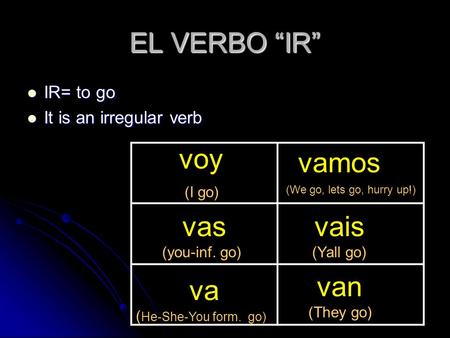 EL VERBO IR IR= to go IR= to go It is an irregular verb It is an irregular verb voy vas va vamos vais van (I go) (you-inf. go) ( He-She-You form. go)