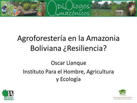Agroforestería en la Amazonia Boliviana ¿Resiliencia? Oscar Llanque Instituto Para el Hombre, Agricultura y Ecología.