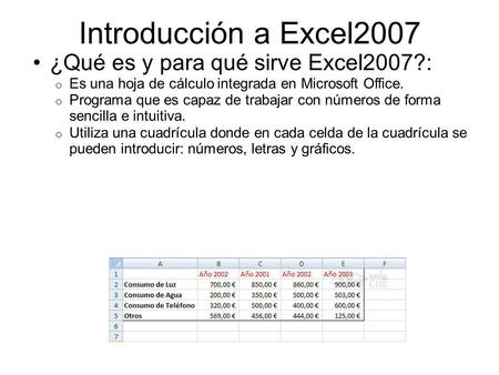 Introducción a Excel2007 ¿Qué es y para qué sirve Excel2007?: o Es una hoja de cálculo integrada en Microsoft Office. o Programa que es capaz de trabajar.