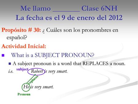 Me llamo _______ Clase 6NH La fecha es el 9 de enero del 2012 Propósito # 30: Propósito # 30: ¿ Cuáles son los pronombres en español? Actividad Inicial: