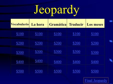 Jeopardy La hora Gramática Traducir Los meses $100 $100 $100 $100 $100