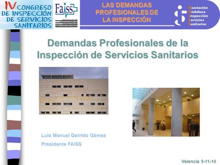 LAS DEMANDAS PROFESIONALES DE LA INSPECCIÓN Valencia 5-11-10 Demandas Profesionales de la Inspección de Servicios Sanitarios Luis Manuel Garrido Gámez.