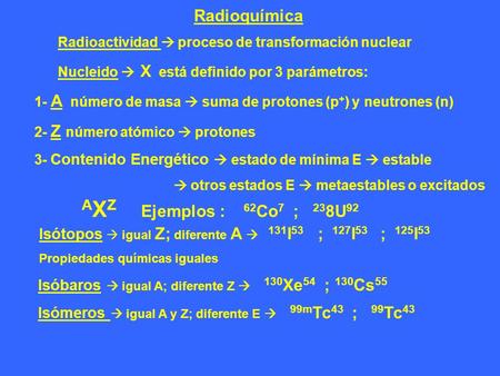 AXZ Ejemplos : 62Co7 ; 238U92 Radioquímica