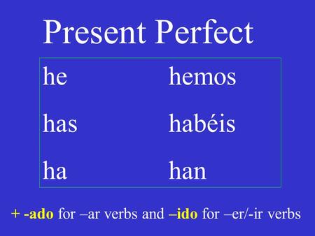 Present Perfect he hemos has habéis hahan + -ado for –ar verbs and –ido for –er/-ir verbs.
