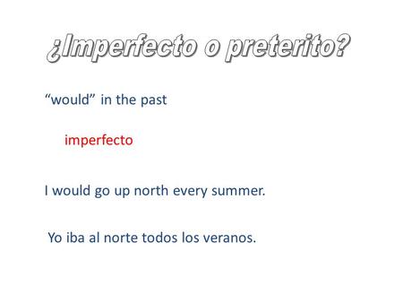 Would in the past I would go up north every summer. Yo iba al norte todos los veranos. imperfecto.