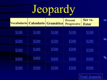 Jeopardy Ser vs. Estar Gramática $100 $100 $100 $100 $100 $200 $200