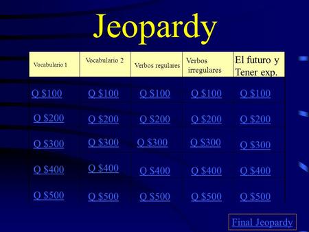 Jeopardy El futuro y Tener exp. Q $100 Q $100 Q $100 Q $100 Q $100