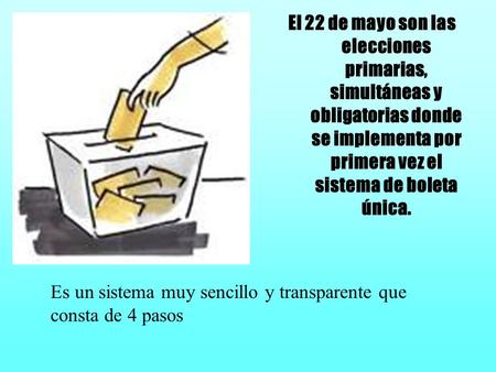 El 22 de mayo son las elecciones primarias, simultáneas y obligatorias donde se implementa por primera vez el sistema de boleta única. Es un sistema muy.