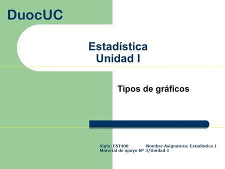 Estadística Unidad I DuocUC Tipos de gráficos Sigla: EST400 Nombre Asignatura: Estadística 1 Material de apoyo Nº 3/Unidad 1.