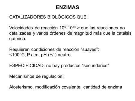 ENZIMAS CATALIZADORES BIOLÓGICOS QUE: