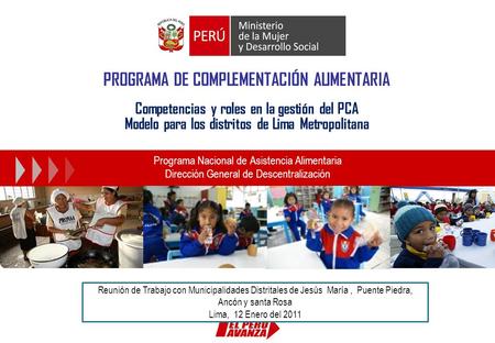 PROGRAMA DE COMPLEMENTACIÓN ALIMENTARIA Competencias y roles en la gestión del PCA Modelo para los distritos de Lima Metropolitana Programa Nacional.