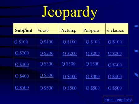 Jeopardy Subj/indVocabPret/impPor/para si clauses Q $100 Q $200 Q $300 Q $400 Q $500 Q $100 Q $200 Q $300 Q $400 Q $500 Final Jeopardy.