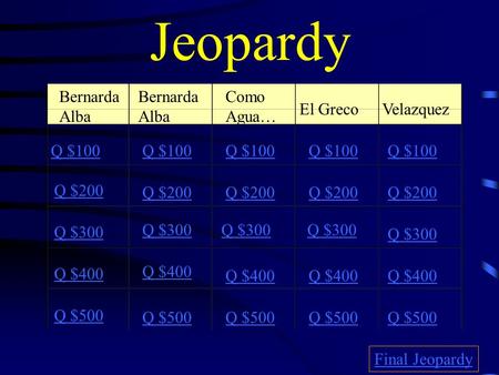 Jeopardy Bernarda Alba Bernarda Alba Como Agua… El Greco Velazquez Q $100 Q $200 Q $300 Q $400 Q $500 Q $100 Q $200 Q $300 Q $400 Q $500 Final Jeopardy.