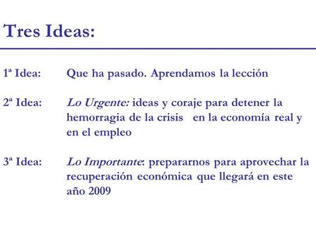 Tres Ideas: 1ª Idea:Que ha pasado. Aprendamos la lección 2ª Idea:Lo Urgente: ideas y coraje para detener la hemorragia de la crisis en la economía real.